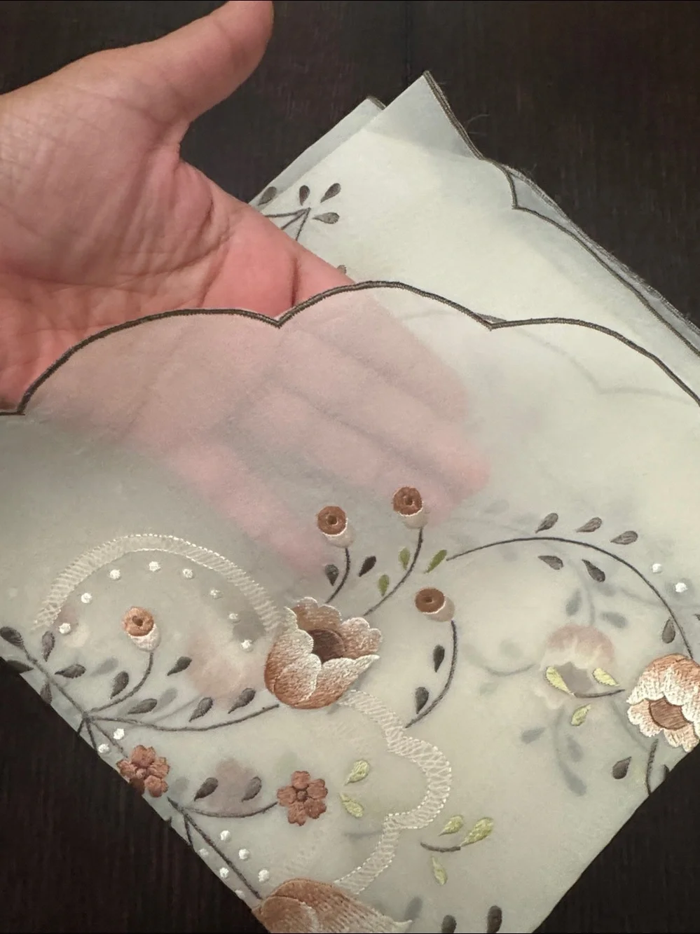 Beautiful Embroidered Floral sheer Table Runner in Beige and brown tones